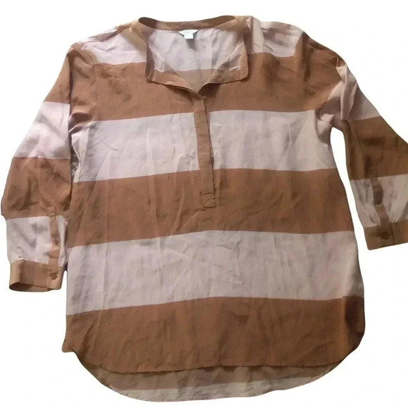 Fossil neutral striped Crew Neck silk blouse Fall Blouse classic preppy timeless - Picture 3 of 12